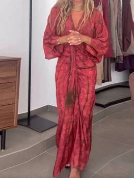 Bohemian V Neck Fashion Elegant Maxi Dress, Women Spring Summer Three Quarter Sleeve Party Dress, Printed Patchwork Ladies Dress 1