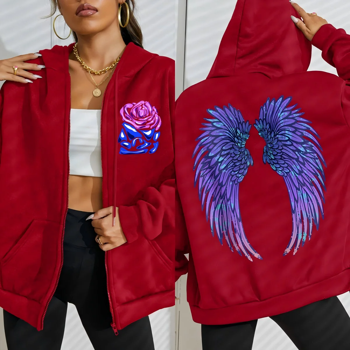 Coole Lila Kreative Flügel Rose Print Frauen Zipper Hoody Mode Lose Sportswear Casual Fleece Hoodie Herbst Hip Hop Trainingsanzug – Detail 8