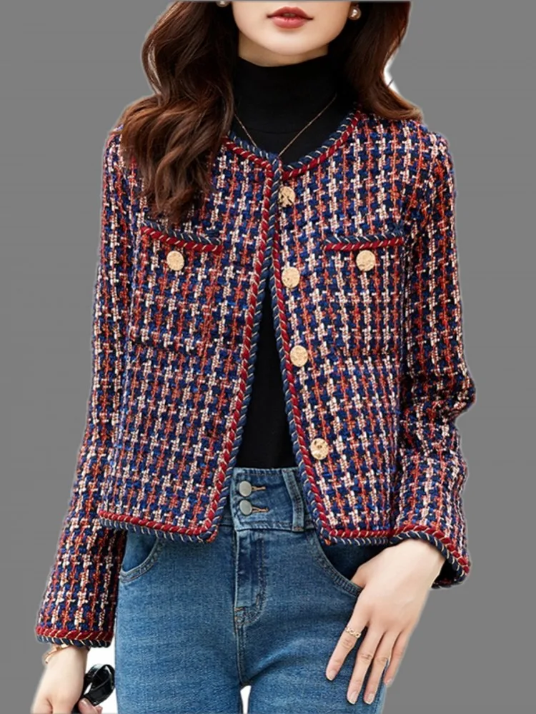 

Runway French Small Fragrant Houndstooth Plaid Elegant Jackets For Women Long Sleeve O-Neck Coats Female Outerwear Casacos Top