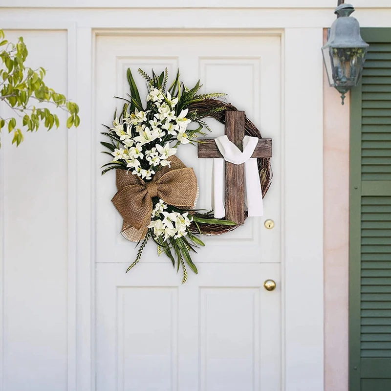 

Easter Wreath Door Hanging Decoration With Cross, Bouquet Garland For Front Door Decor, Simulation Plant Flower