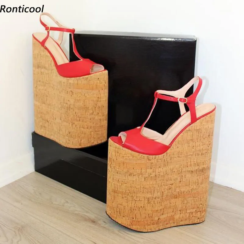 

Ronticool Handmade Women Platform Sandals T- Strap Wedges High Heels Peep Toe Pretty Red Cosplay Shoes Ladies US Plus Size 4-15