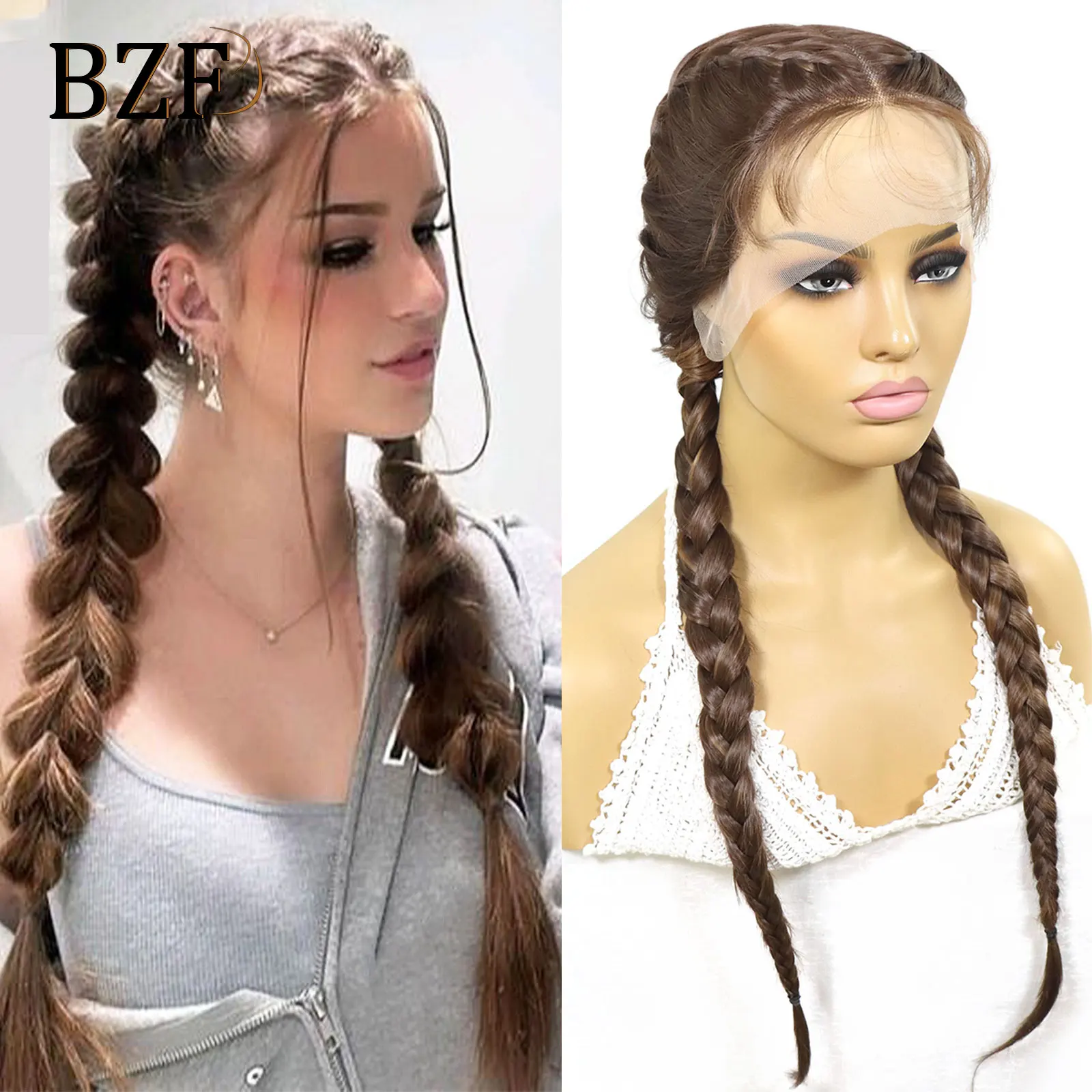 26Inch Brown Braided Wigs Middle Part Synthetic Double Dutch Box Braided Wig With Baby Hair Pink/Red Lace Front Wigs For Women