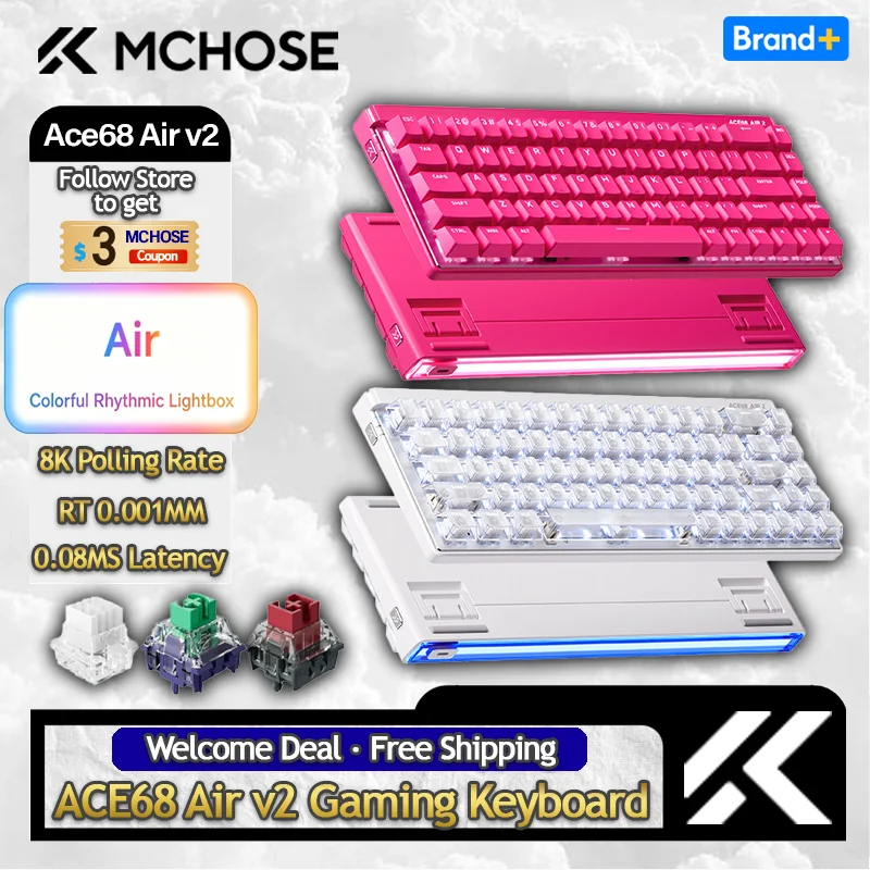 MCHOSE Ace68 Air v2 게이밍 키보드 마그네틱 스위치 알루미늄 플레이트 256K 스캔 레이트 8k 폴링 레이트 RT 키 0.001mm 정확도