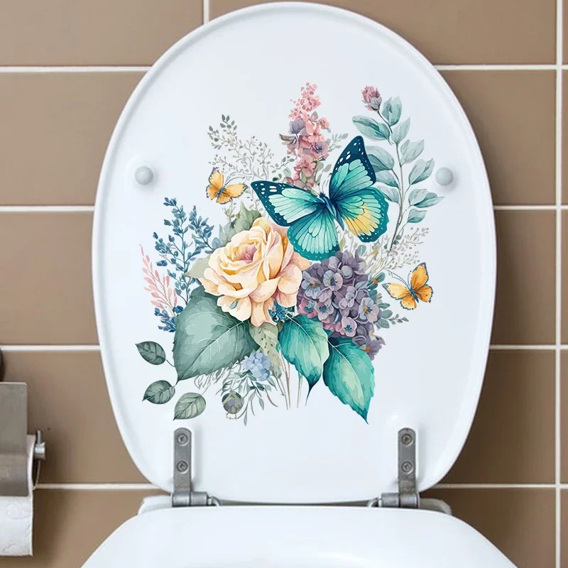 Decorative Butterflies Flowers Funny Toilet Stickers Bathroom Toilet Seat Cover Self-adhesive Vinyl Decal Home Decoration