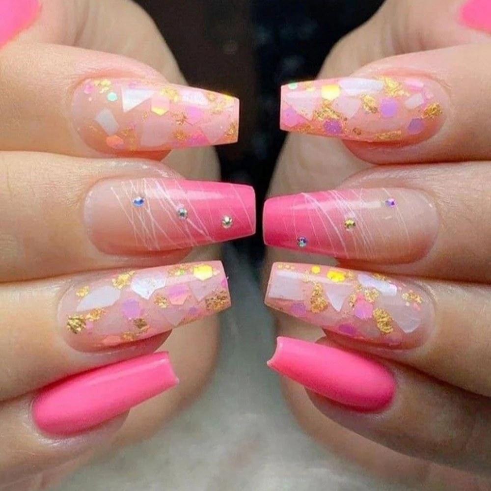 3d Shell Glitter Pink False Nails French Ballerina Nails Long Coffin Rhinestone Fake Nails Full Cover Artificial Press On Nails False Nails Aliexpress