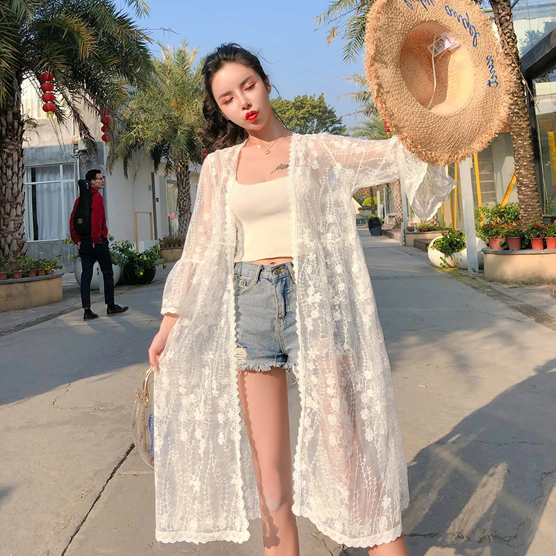 2022 플레어 소매 레이스 가디건, 얇은 자외선 차단 겉옷, 여성 올 매치 홀리데이 미디 길이 숄, 여름 해변 스타일