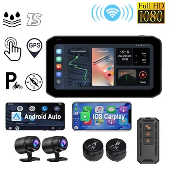 Motorcycle 6.25" Touch Screen Dual Camera Wireless CarPlay Android Auto Bluetooth Motor DVR GPS Navigation Front Rear Lens