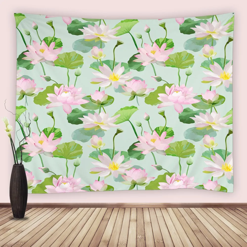 

Pink Lotus Flowers Wall Tapestry Leaves Plants Summer Floral Tapestries Mural Bedroom Living Room Art Home Decor Hanging Fabric