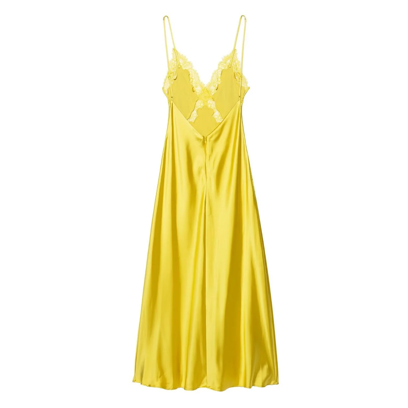 Women's Dress Elegant Midi Silk Satin Lace Dress Female High Waist Slim Fit Long Dress Spaghetti Holiday Party Strap Long Dress