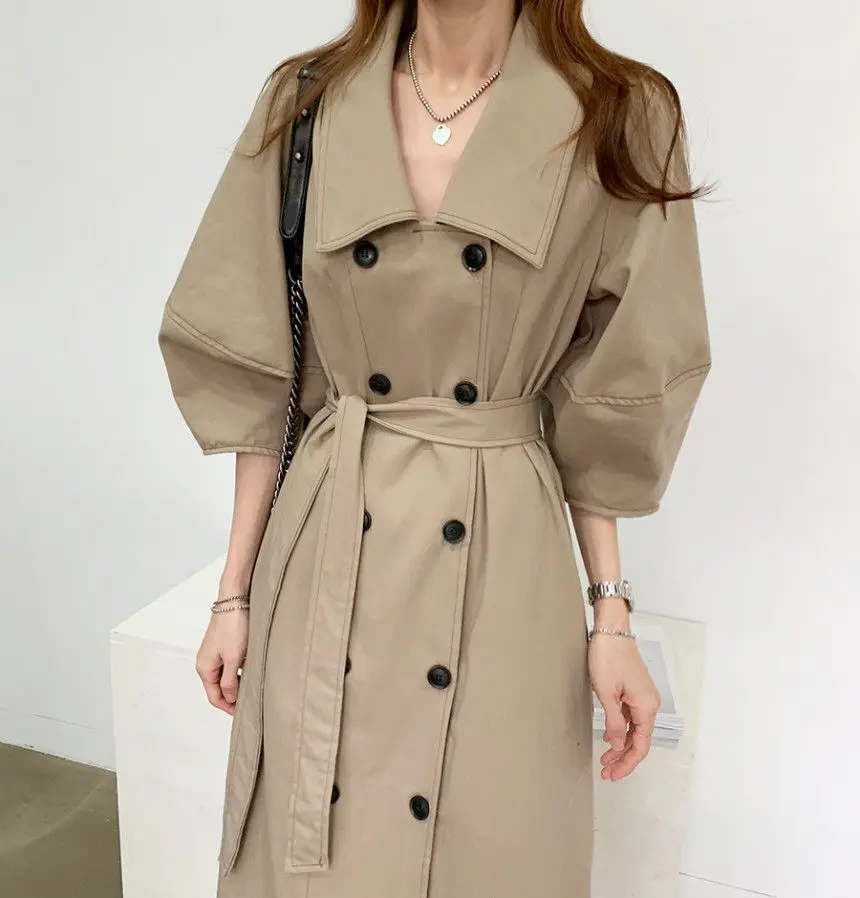 parka jacket Ailegogo Autumn Women Half Sleeve Loose Khaki Long Trench Coat Streetwear  Double Breasted with Belt Chic Windbreaker Outwear hooded puffer jacket