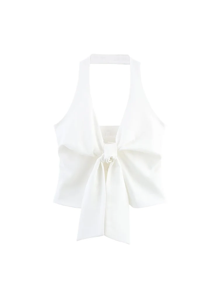 TFMLN Women Pant Sets Summer White Sexy Halter Backless Knot Decoration Chic Top Wide Leg Trousers Fashion High Street Outfits