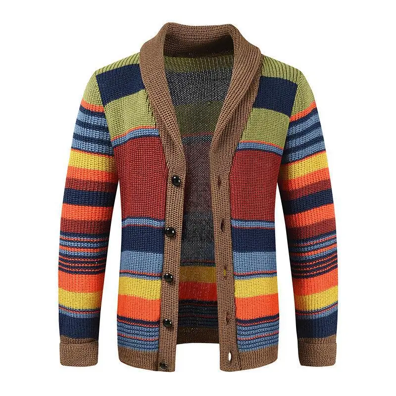 

2023 New Men Colour Block Knit Cardigan Fashion Casual Lapel Single-breasted Sweater Coat Autumn Winter Teens Men's Clothing