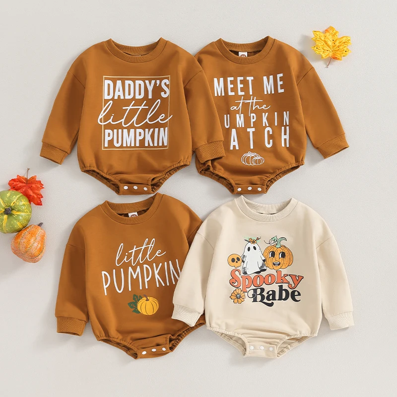 

2023-07-31 Lioraitiin 0-24M Newborn Baby Boys Girls Halloween Rompers Letter Pumpkin Print Long Sleeve Sweatshirts Jumpsuits