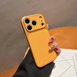 Premium Solid Leather Matte Shockproof Case with Large Camera Window Cover - iPhone 15 (Yellow)