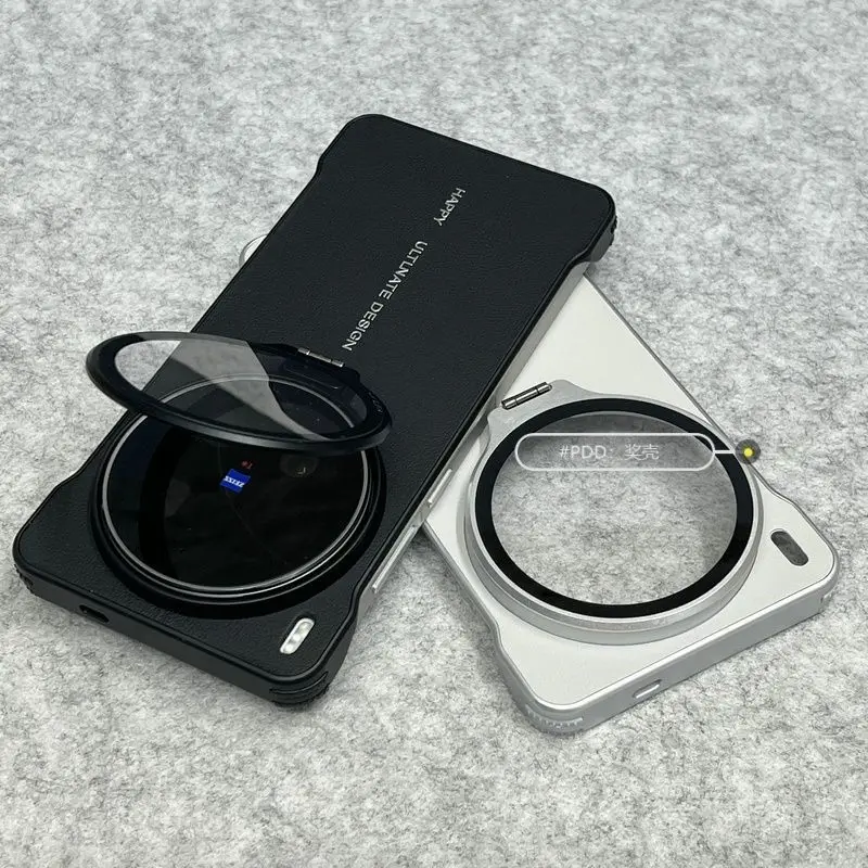 Luxury Leather Shockproof Case with Lens Protection & Bracket - Rimless, Skin-friendly Feel Cover