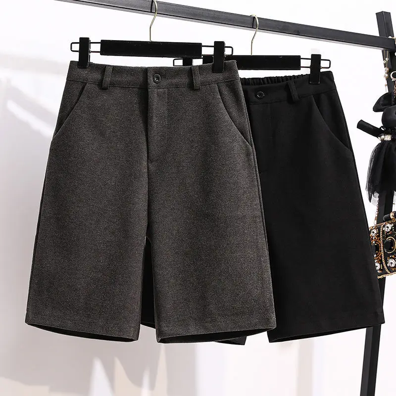 Women's Autumn Winter Solid Color High Waist Button Pockets Woolen Loose Elasticized Straight Casual All-match Wide Leg Shorts
