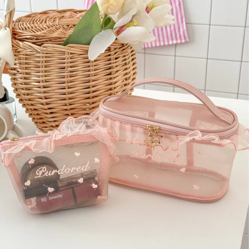 High Value Ruffled Net Pouch Ins Wind Girly Heart Student Convenient Breathable Small Lipstick Organizer Bag