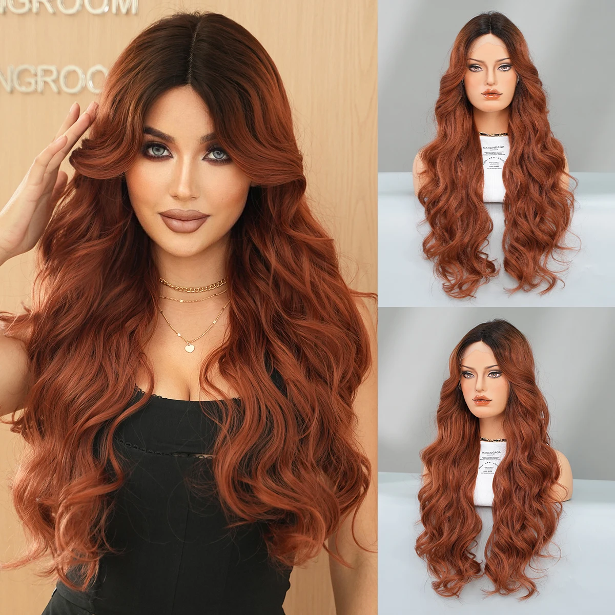 

Synthetic Lace Front Wig Long Deep Curly Middle Part Ombre Coppery Brown Wigs Fluffy High Density Pre Plucked HD Lace Front Wig