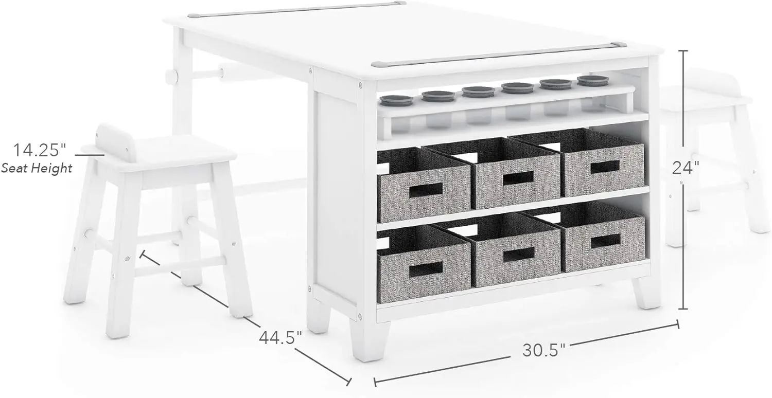 Children tables kids' art table and chair set creamy white wooden drawing and painting desk with paper roller paint cups