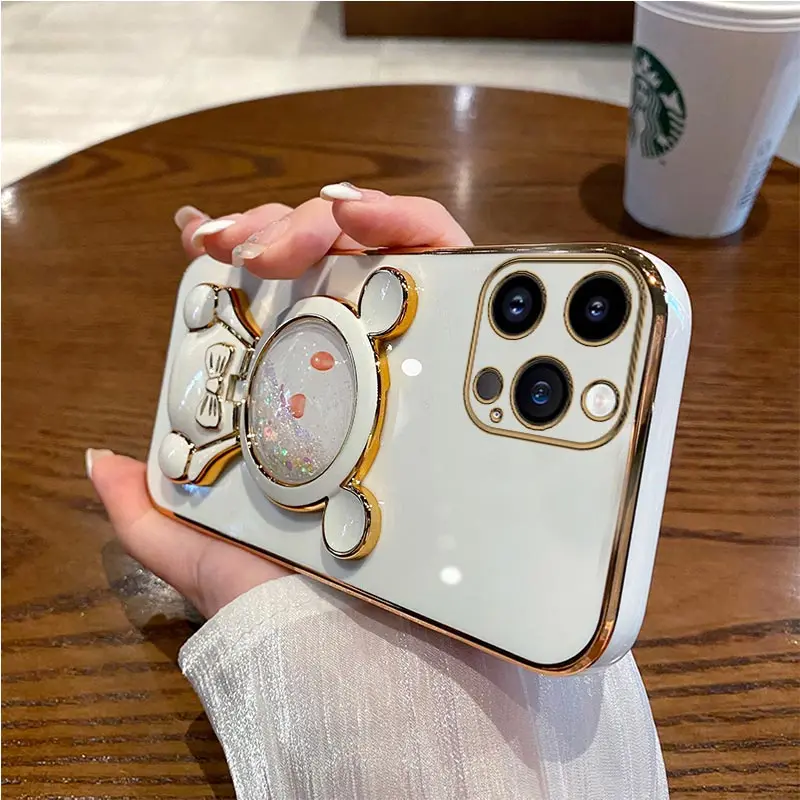 Coque de téléphone avec support de téléphone, miroir de sable mouvant, ours mignon, pour iPhone 14 11 12 13 Pro Mini 8 7 6 6S Plus 10 X Xr Xs Max Se_voghion.com