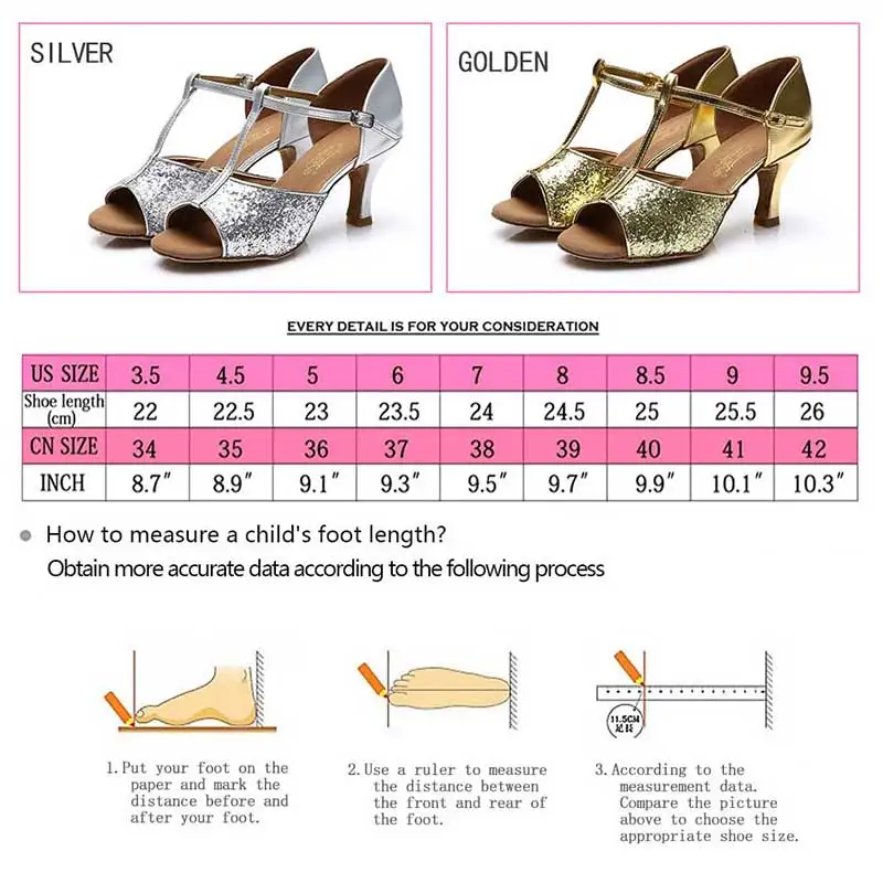 Latin Dance Shoes Girls Ballroom Latin Tango Dance Shoes heel 7.5cm / 5.5cm Sales Silver Gold Womem's  Dancing Shoes wholesale