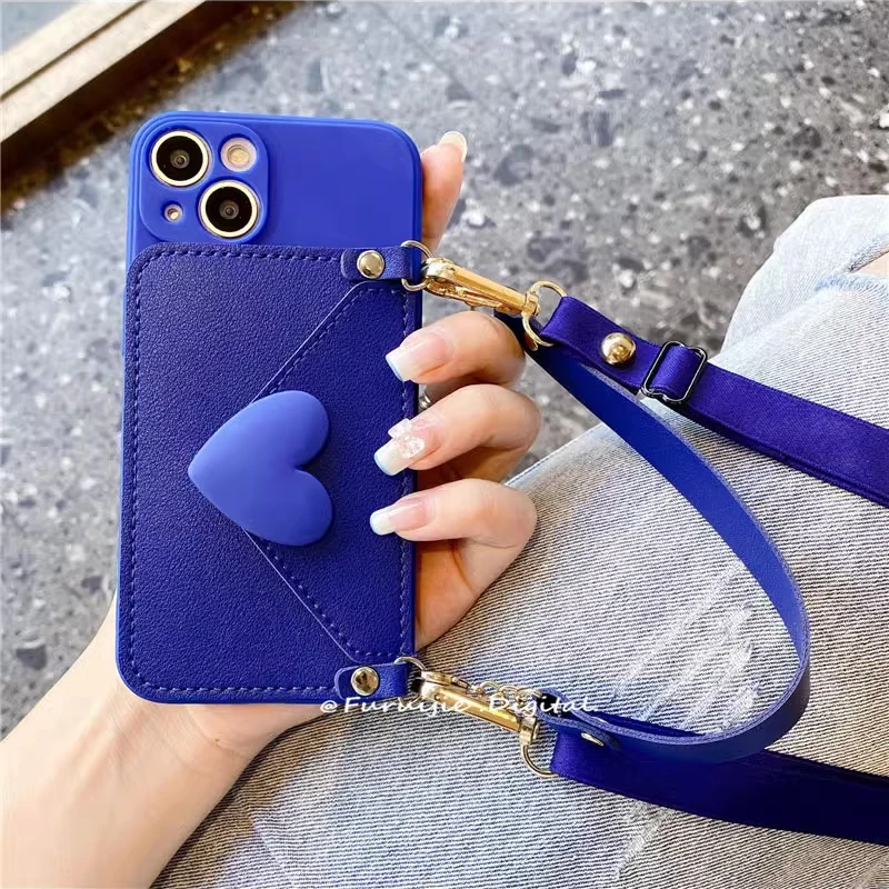 Crossbody Lanyard 3D Heart Wallet Card Case with Wrist Strap - Soft Silicone Cover