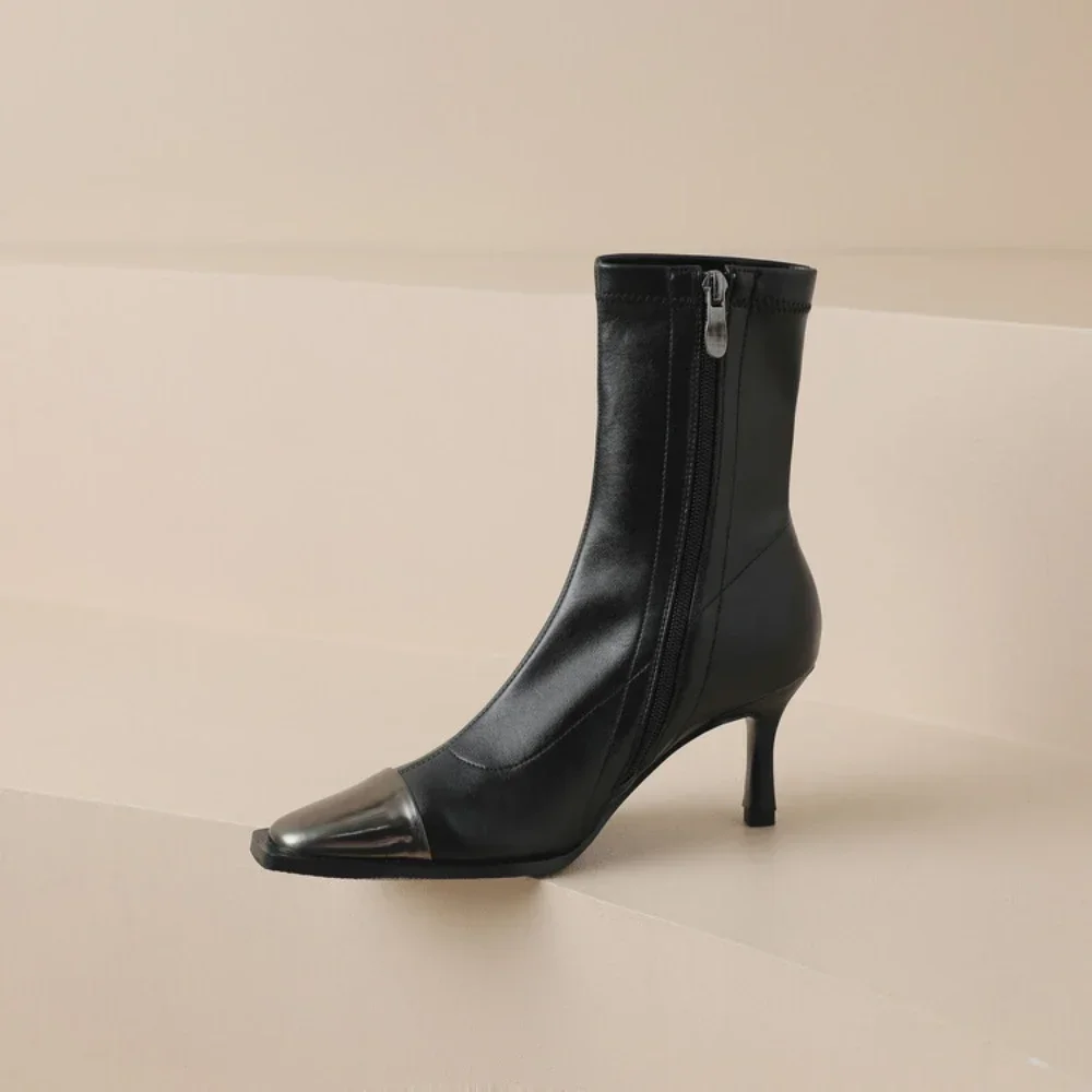 

New Fashion Side Zipper Boots European and American Style Metal Square Head Women's Boots Thin Heel High Heel Short Boots heels