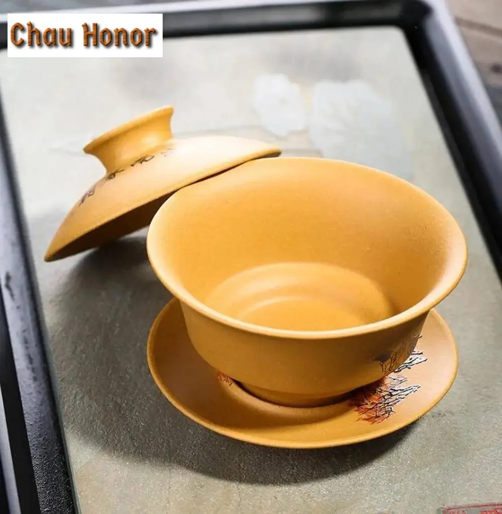 150ml Handmade Yixing Purple Clay Gaiwan Raw Ore Section Mud Tea Tureen Tea Bowl With Lid Kit Tea Brewing Cover Bowl Teaware