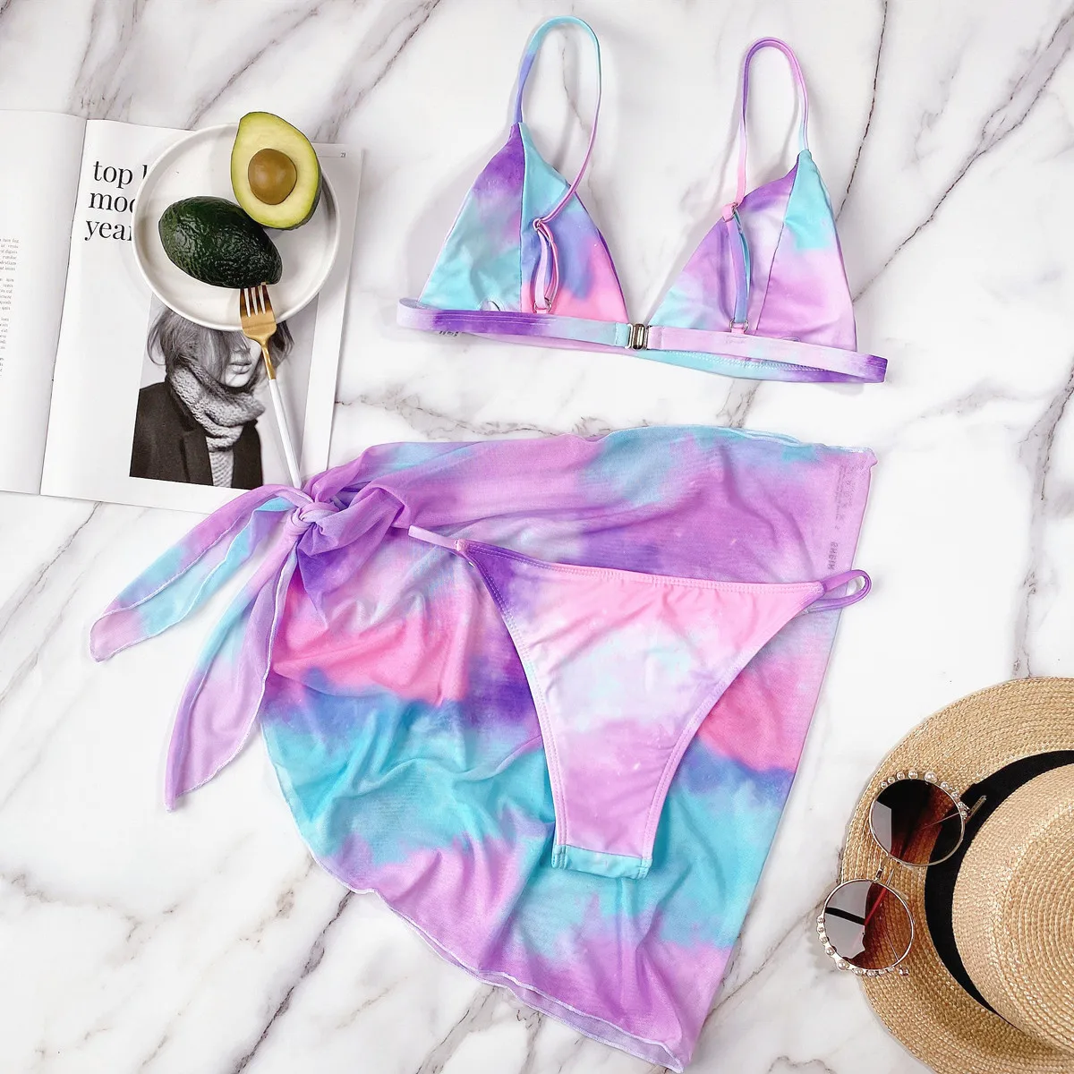 Tie Dye Swimsuit Bikini Fashion Swimsuit Women 3 Pieces Floral Bikinis Set Classic Womens Swimsuits High Waist L