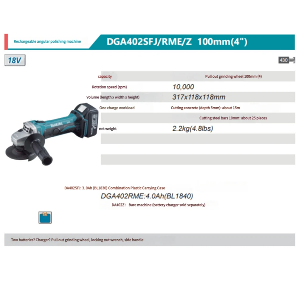 Makita DGA402 Cordless Angle Grinder 18V LXT Lithium-Ion Multifunctional Electric Grinding Cutting Machine Power Tool Body