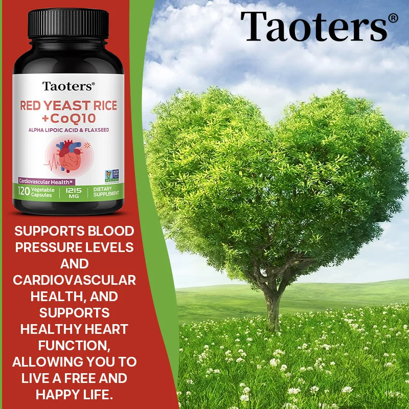 Red yeast rice 1215 mg + coenzyme q10, support heart, cardiovascular health, balance blood sugar, 30/60/120 capsules
