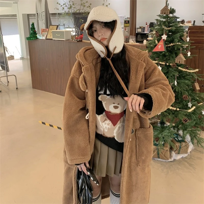2022 Winter Long Women Cotton Padded Hoodies Lamb Wool Medium Length Warm Thicken Parka Fluffy Overcoat