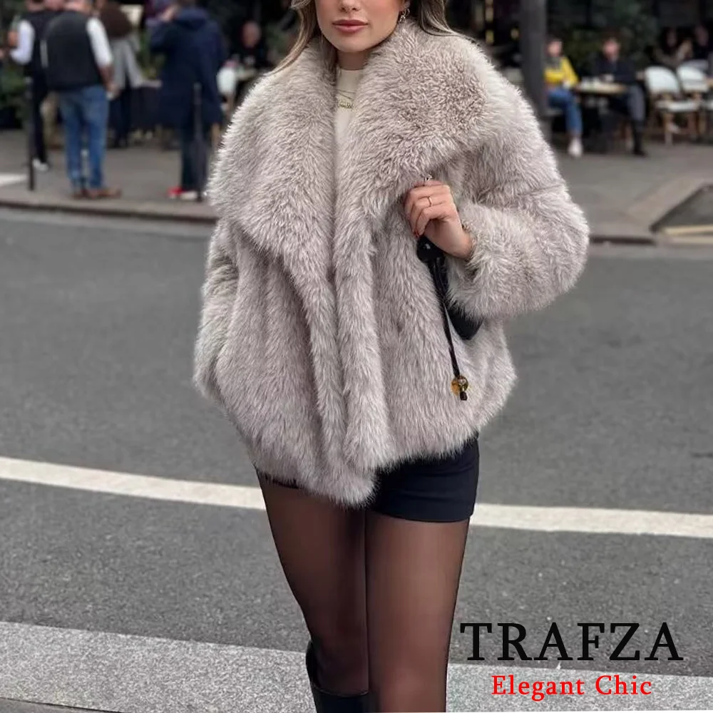 TRAFZA-Women Fashion Winter Solid  Big Lapel Coat Faux Fur Coat Jacket New 2025 Autumn Winter Slouchy Burgundy Black Gray Coat 4