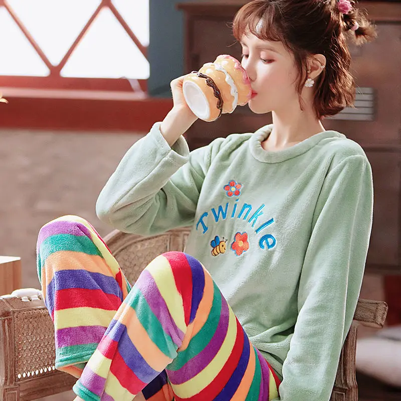 Coral Fleece Sleepwear Women Winter Warm Pajamas Sets Kawaii Clothes Long Sleeve Pullover Pant Loungewear Loose Nightwear Korean