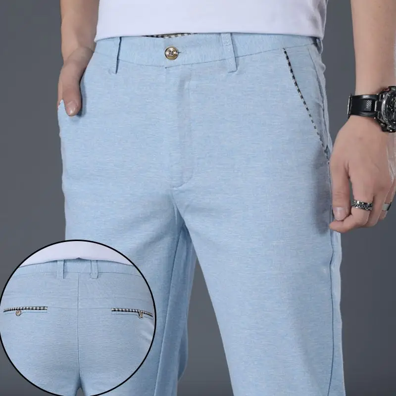 Spring Summer New Thin Fashion Korean Trendy Straight Casual Pants Men Solid Button Zipper Pocket Slim Fit Breathable Trousers