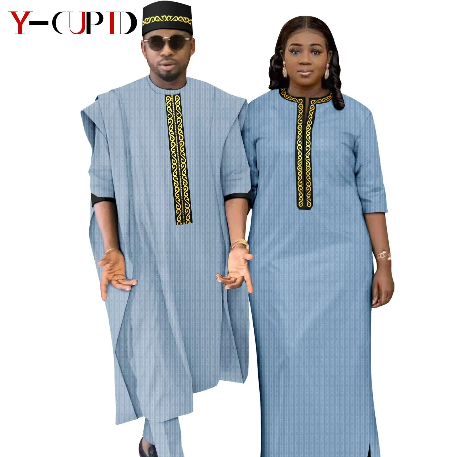 African Clothes for Couples Dashiki Women Long Dresses Matching Men Outfits Top Pant and Robe Cap Sets Suits Bazin Riche Y23C058