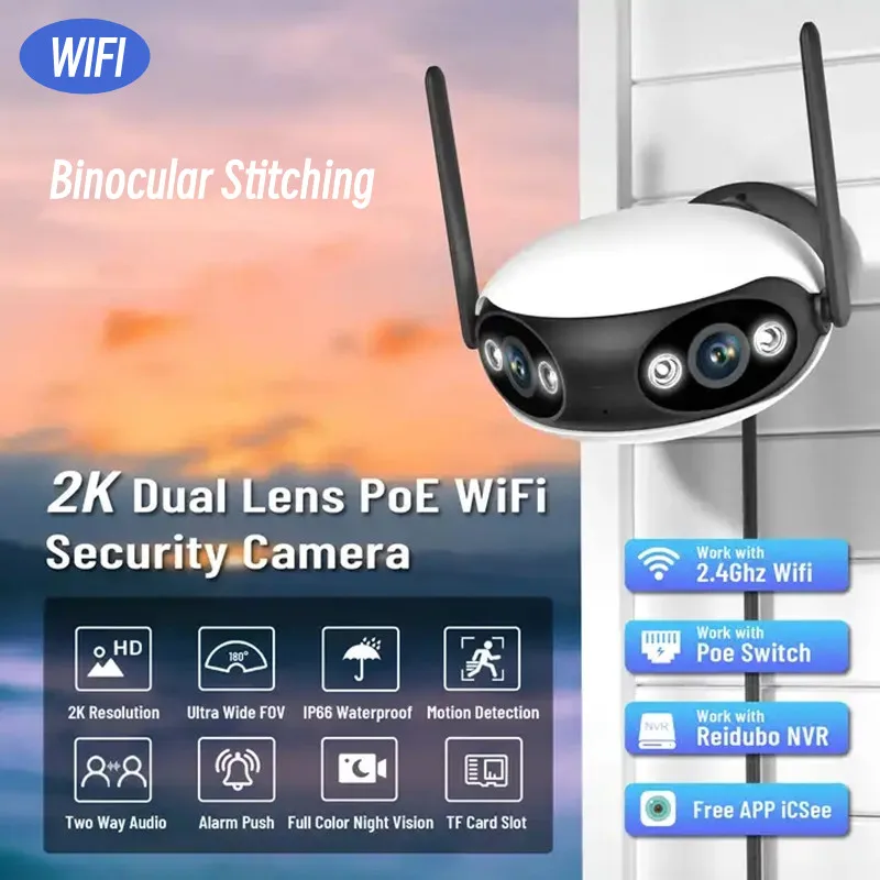 

2K WiFi Camera 180 ° Ultra Wide Angle Dual Lens CCTV Monitor Outdoor Waterproof Motion Detection Home Surveillance Comcorder