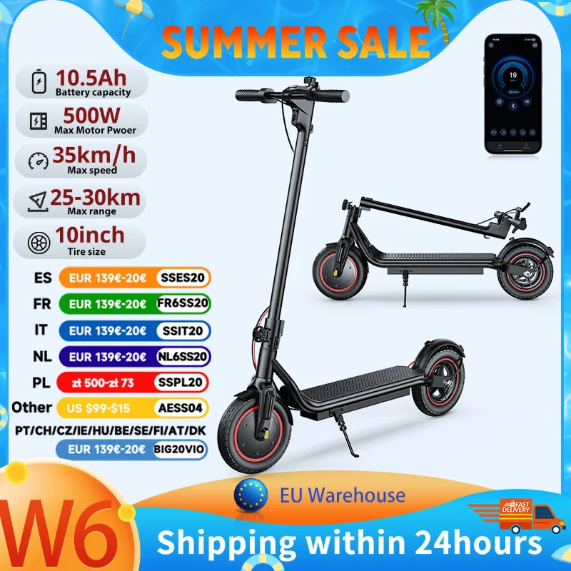 Trottinette électrique iScooter W6 10 pouces 500W pour adultes, 36V 10.5Ah, vitesse 35 km/h, application compatible, autonomie 30 km, trottinettes électriques urbaines 1