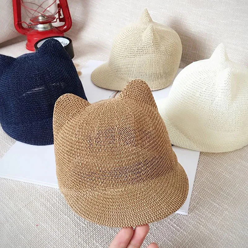 Cute Baby Straw Hat With Ear Baby Girl Bucket Hat Children Panama Caps Boy Summer Sun Hat Kids Outdoor Travel Beach Caps