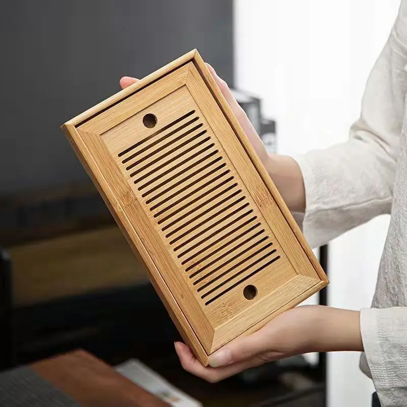 Tea Tray Tea Set Chinese Bamboo Tea Tray Set Drainage Water Storage Kung Fu Tea Drawer Board Household Board Room Table 25*14*3.5cm