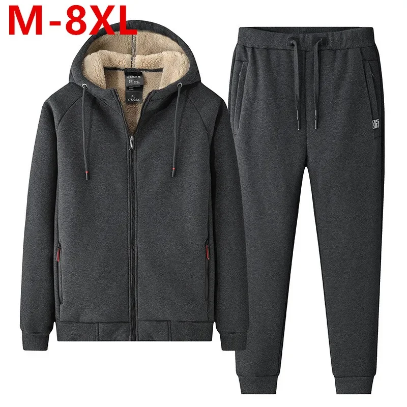 

Fur Mens Tracksuits Winter Warm Hoodies Suit Casual Fleece Sweatshirts Men's 2 Pieces hoodies + pants Set Sportswear