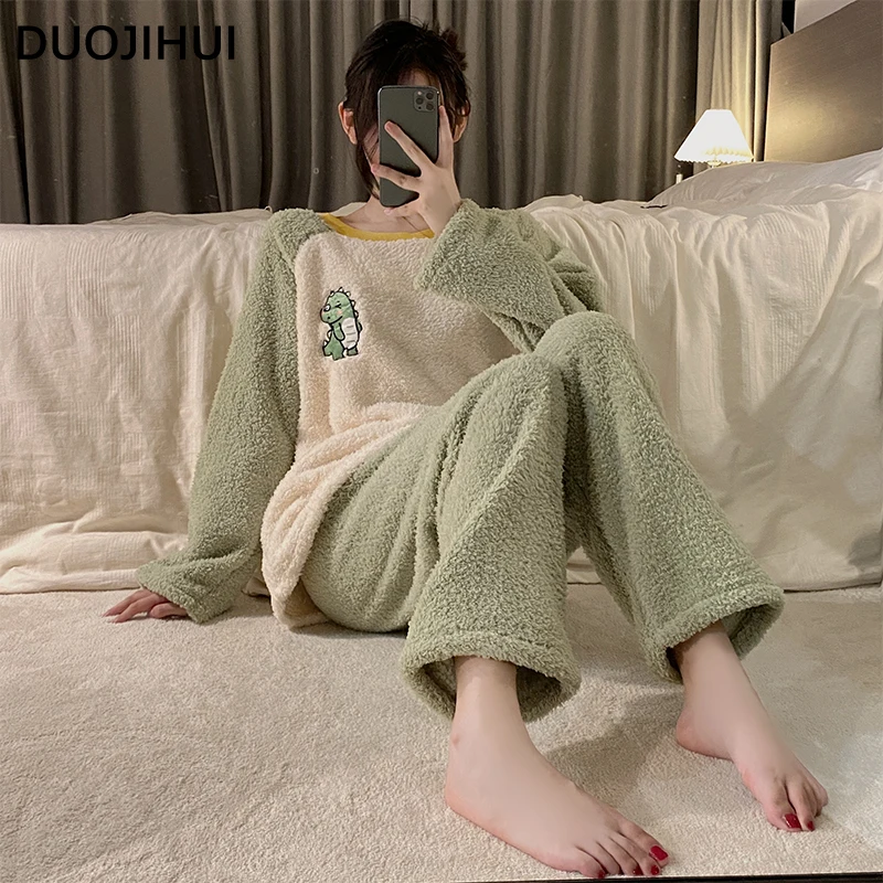 DUOJIHUI Sweet O-neck Pullovers Loose Pants Casual Home Pajamas for Women New Winter Soft Fashion Spell Color Female Pajamas Set