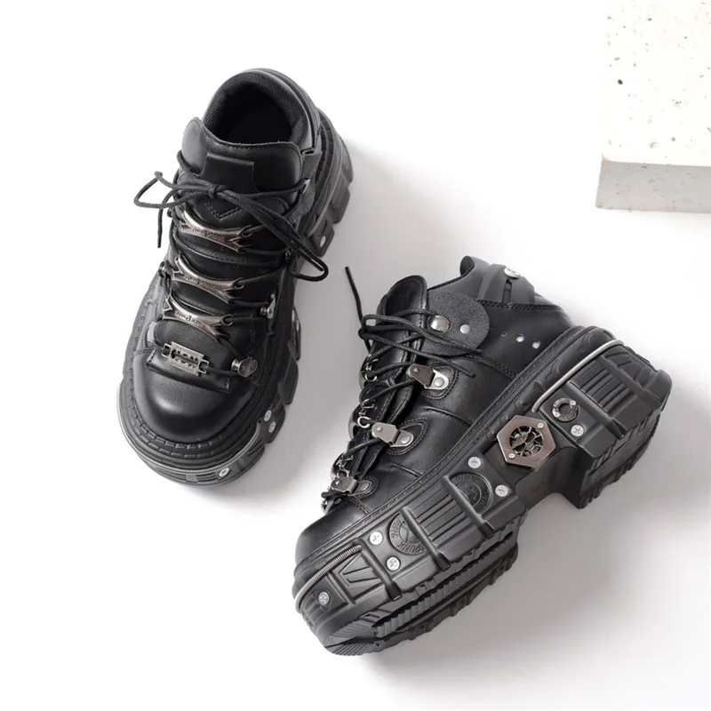 Fashion Women Punk Platform Shoes for Woman's Lace-Up Round Toe Metal Decoration Thin Heels Sneakers Gothic Party Nightclub Shoe 5