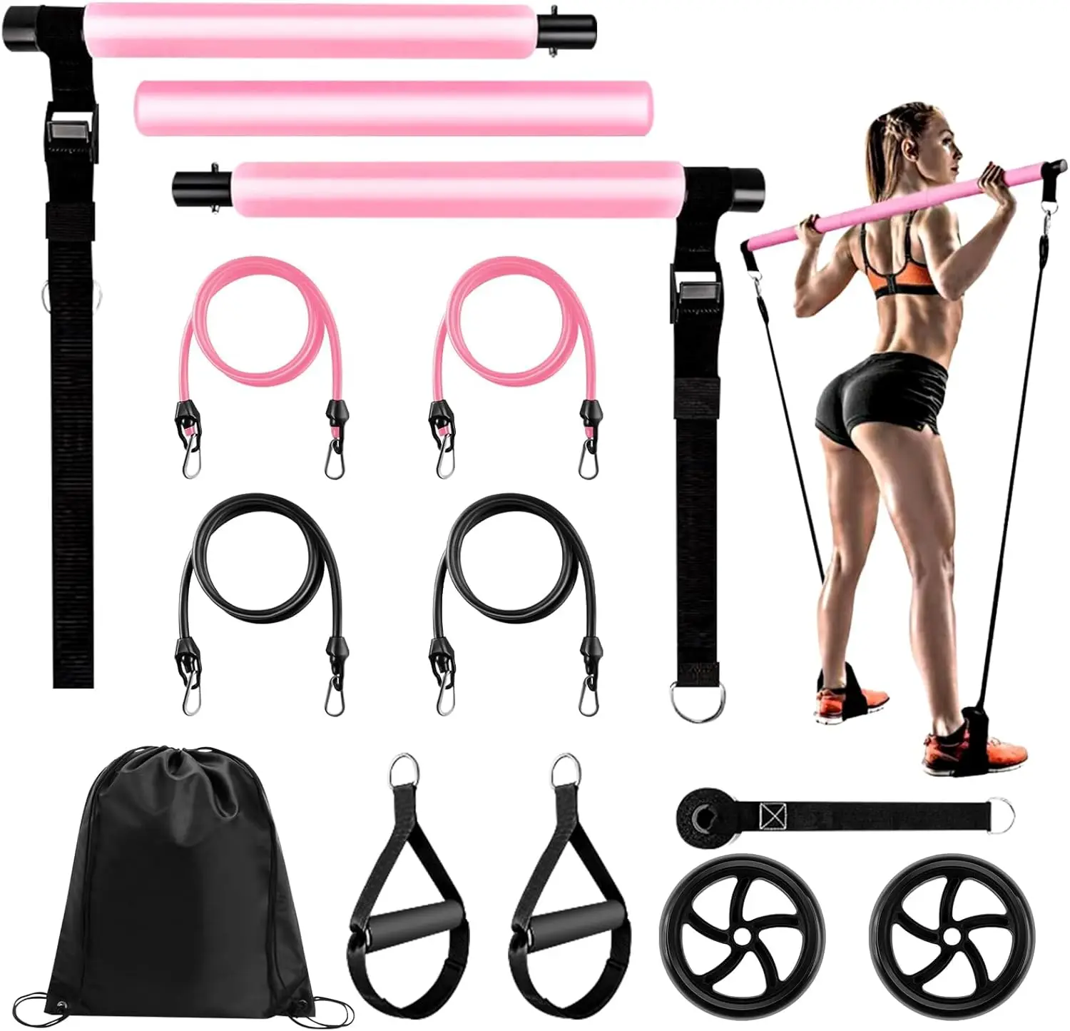 13-Piece Pilates Bar Set with Roller, Resistance Bands, Stretch Pole, Elastic Exercise Loops, Ankle Straps for Yoga