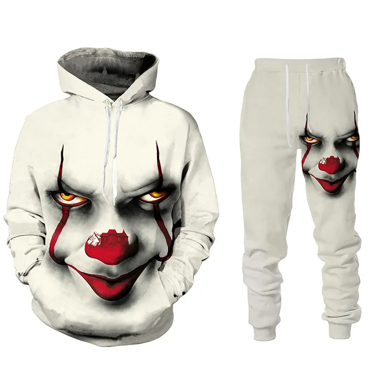 2022 Spring and Autumn New 3D Devil Clown Digital Print Men's Fashion Hooded Sweater and Pants Two Piece Loose Casual Sports Set