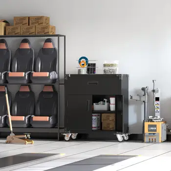 Metal Storage Cabinet with Wheels, Mobile Metal Garage Cabinet with 1 Drawer and 2 Locking Doors,Rolling Tool Storage Chest 2