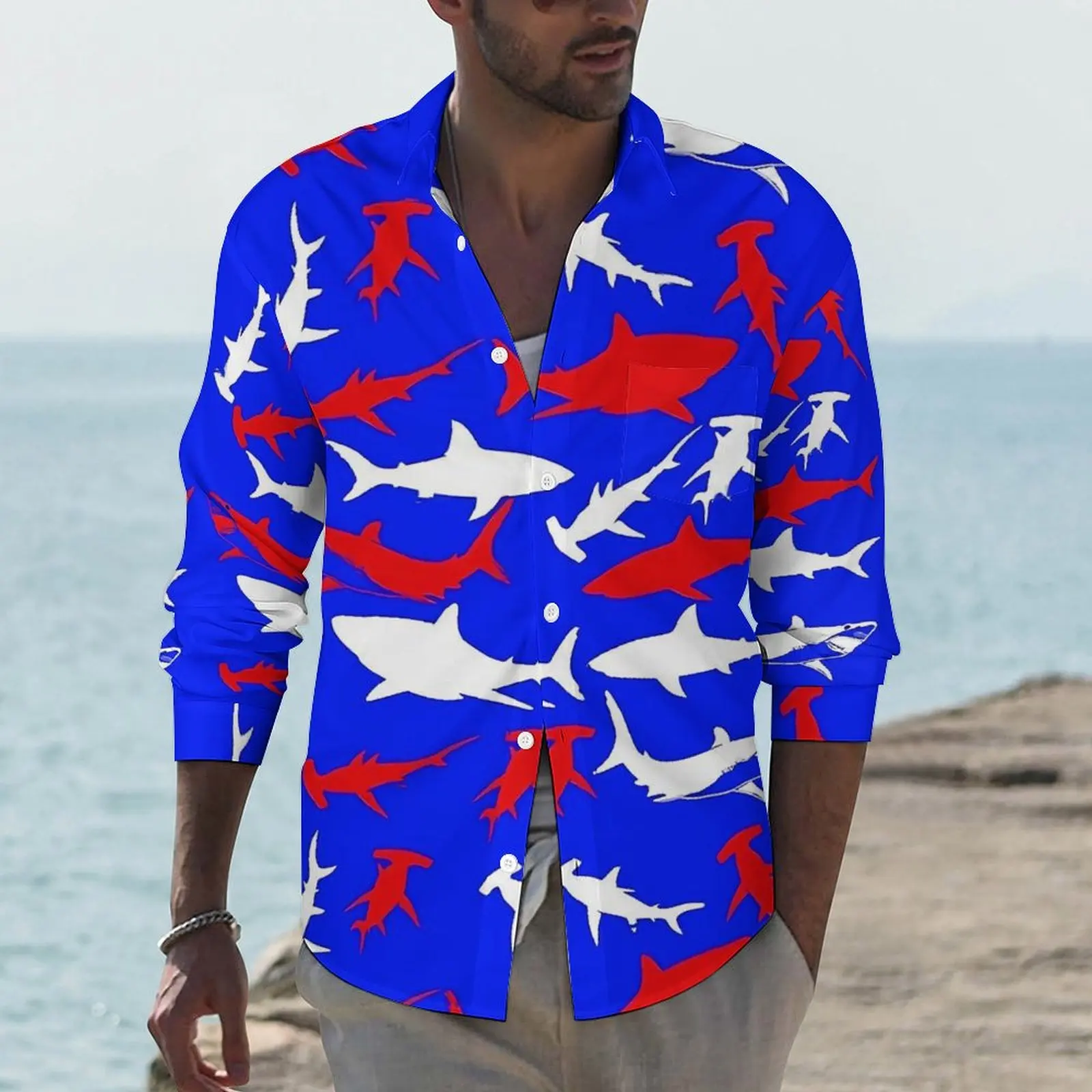 

Colorful Sharks Casual Shirts Man Animal Silhouette Shirt Long Sleeve Cool Stylish Blouses Spring Graphic Clothing 3XL 4XL