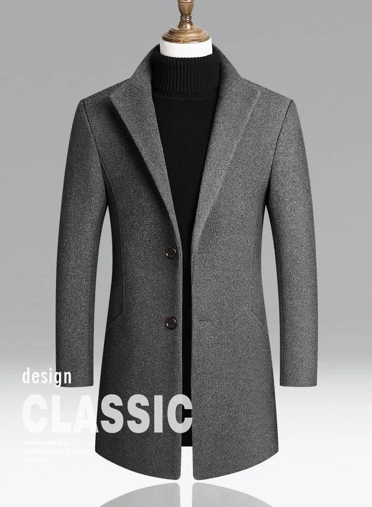 Description Picture 3 of itemClassic Fashion Men's Winter Jacket Business Causal Male Coat Slim Solid Thicken Lapel Woolen Coat Simple Warm Mid Long Coats