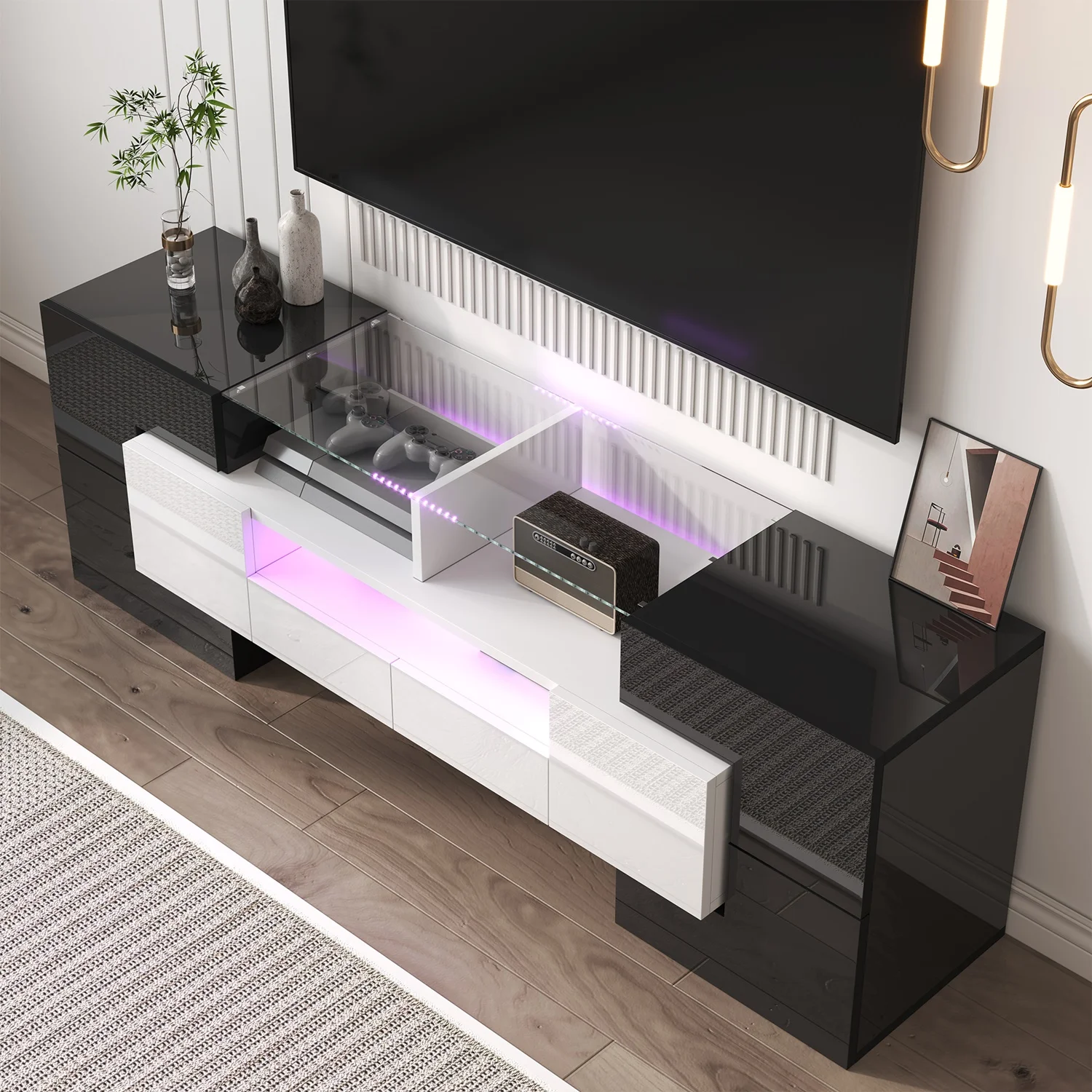 Stilvolles TV-Möbel 145x50cm, LED-Beleuchtung mit Stauraum, Lowboard mit Hochglanzoberfläche, Wohnzimmermöbel, Schwarz + Weiß – Detail 4