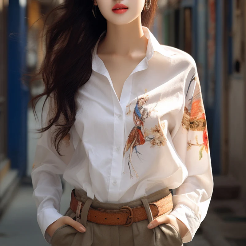 2024  New Summer KPOP Fashion Style Loose Casual Office Lady Women's Shirt Retro Simplicity Print V Neck Long Sleeve Y2K Tops fashion high quality simplicity women retro genuine leather belts vintage goldenl buckle elegant straps jeans waistband 55001